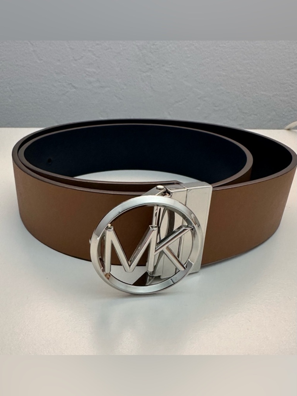 Michael Kors Brown and blue Reversible Belt with Silver MK Buckle